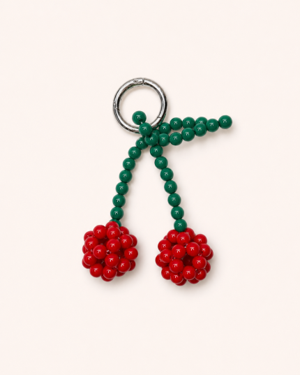 Red and green beaded cherries bag charm with silver key ring