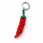 Red beaded chili pepper bag charm with green stem and silver key ring