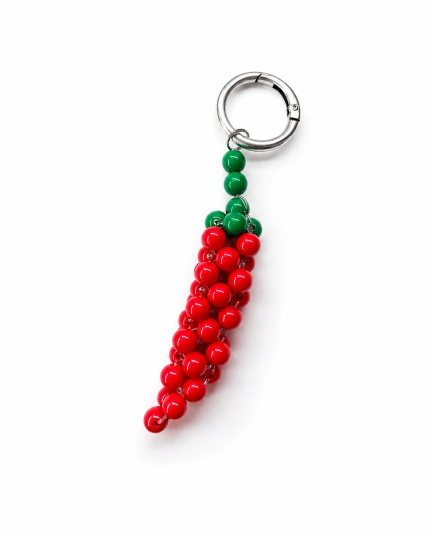 Red beaded chili pepper bag charm with green stem and silver key ring