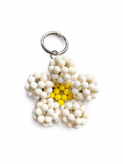 Ivory and yellow beaded daisy bag charm with silver key ring