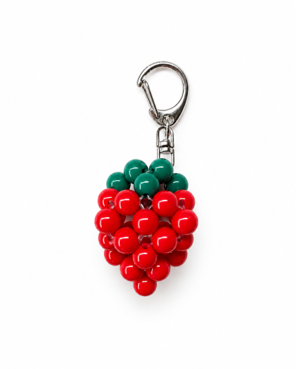 Handmade red strawberry keychain with green acrylic beads