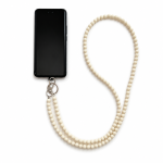 Beige handmade acrylic bead phone strap displayed with a phone