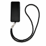 Black handmade acrylic bead phone strap displayed with a phone