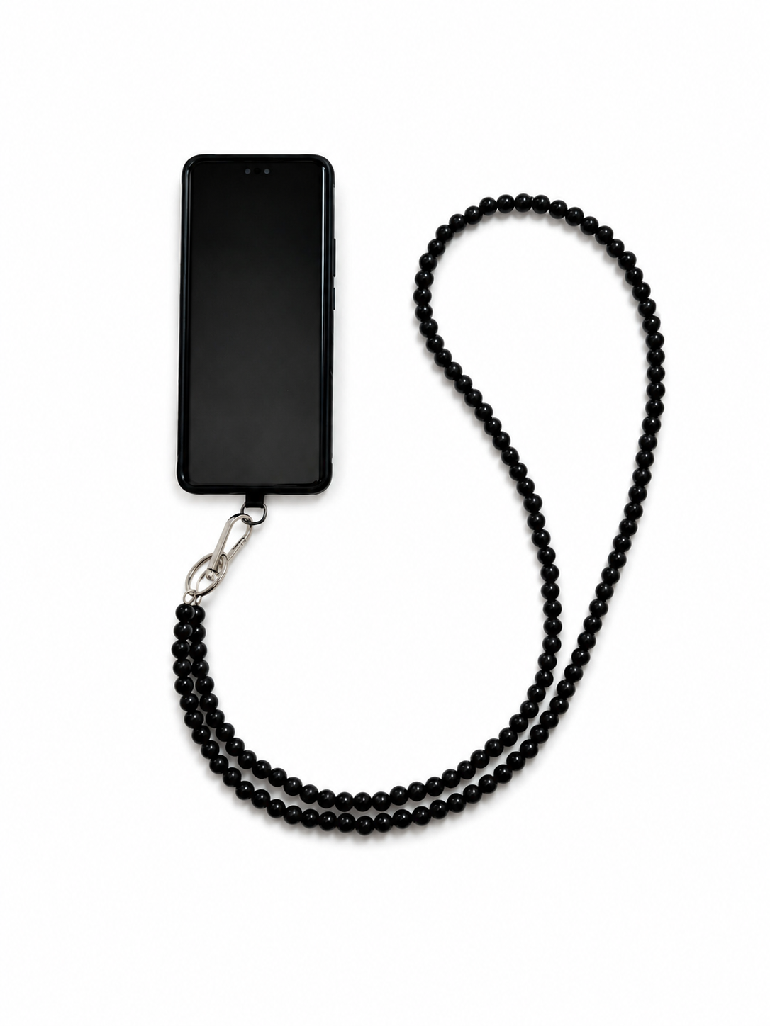 color-pop-phone-strap-black Black handmade acrylic bead phone strap displayed with a phone
