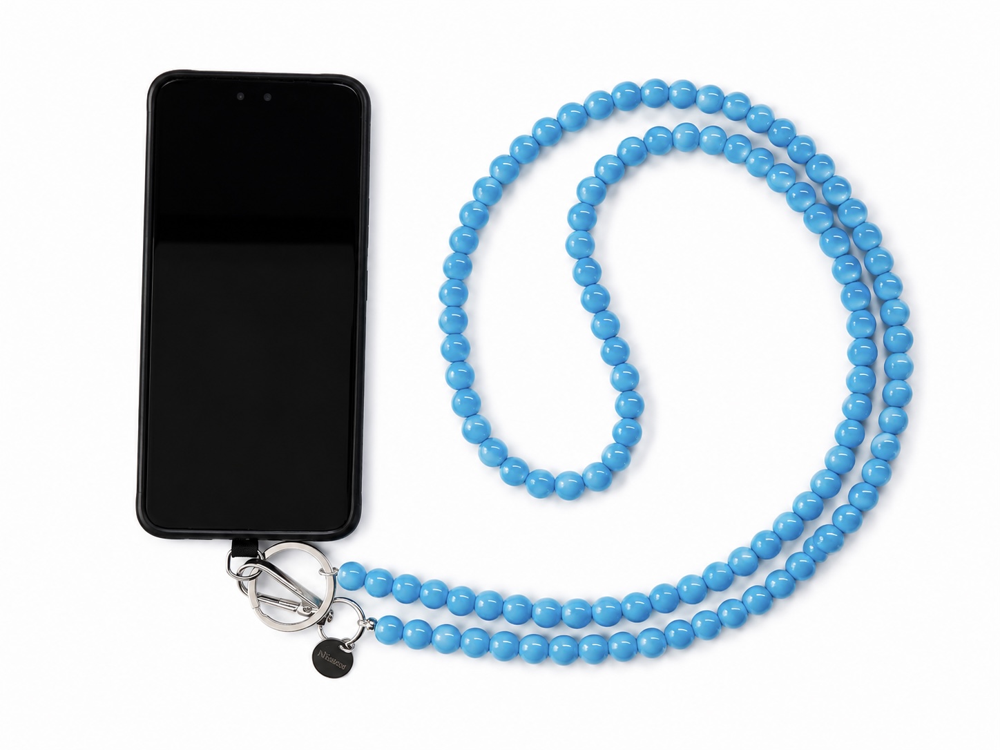 color-pop-phone-strap-blue Blue handmade acrylic bead phone strap displayed with a phone