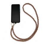 Brown handmade acrylic bead phone strap displayed with a phone