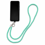 Aqua handmade acrylic bead phone strap displayed with a phone