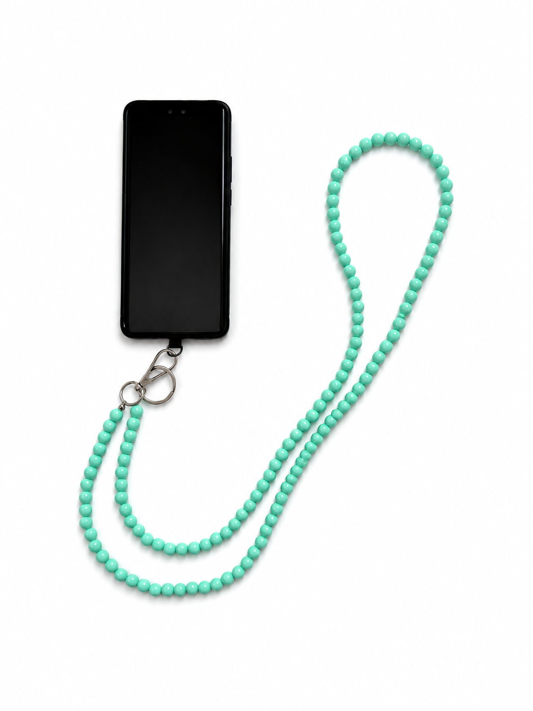 color-pop-phone-strap-mint Aqua handmade acrylic bead phone strap displayed with a phone