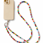 Multicolour handmade acrylic bead phone strap displayed with a phone