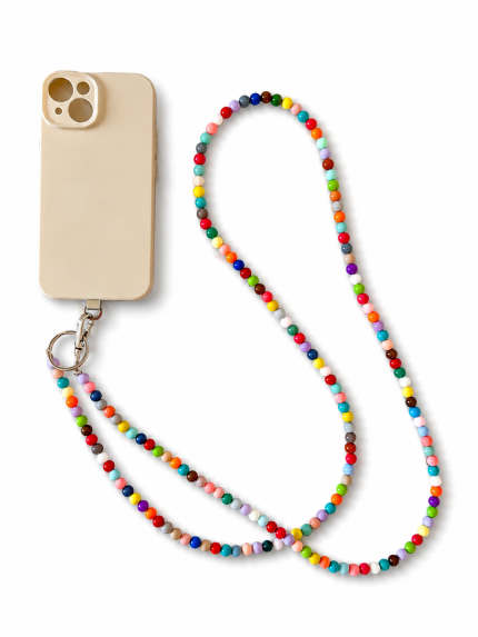 Multicolour handmade acrylic bead phone strap displayed with a phone
