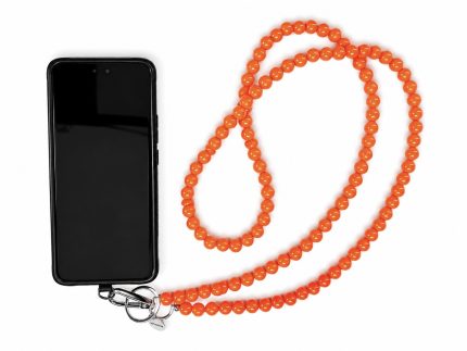 Orange handmade acrylic bead phone strap displayed with a phone