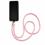 Pink handmade acrylic bead phone strap displayed with a phone