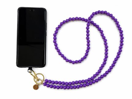 Purple handmade acrylic bead phone strap displayed with a phone