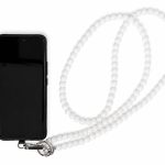 White handmade acrylic bead phone strap displayed with a phone