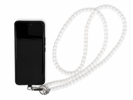 White handmade acrylic bead phone strap displayed with a phone