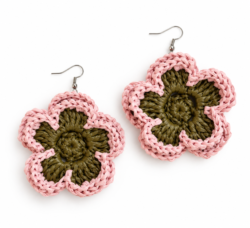 Pair of pink and olive green layered bloom raffia flower earrings with silver-tone hooks