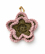 Pink and olive green open bloom raffia flower earring with a gold-tone clip-on fastening