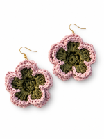 Pair of pink and olive green layered bloom raffia flower earrings with gold-tone hooks