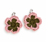 Pair of pink and olive green layered bloom raffia flower earrings with silver-tone clip-on fastenings