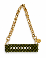 Gold-tone chain and clasps attached to the olive green KAFEDAKI beaded cup carrier