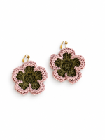 Pair of pink and olive green layered bloom raffia flower earrings with gold-tone clip-on fastenings