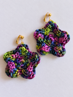 Pair of blue, green, purple and pink raffia flower clip-on earrings with gold-tone fastenings