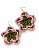 Pair of pink and olive green open bloom raffia flower earrings with gold-tone hooks